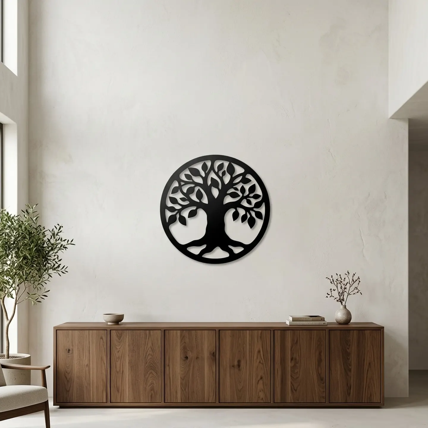 Round tree of life steel wall art in a bright room