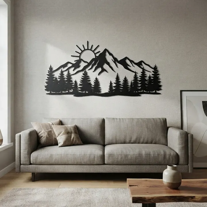Mountain range steel wall art in a modern living room