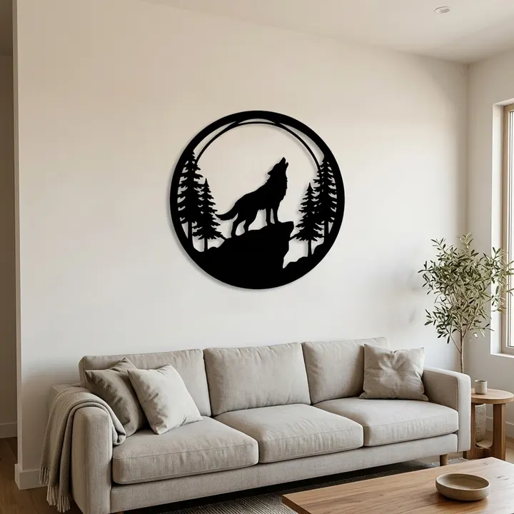 Howling wolf and moon steel wall art in a living room