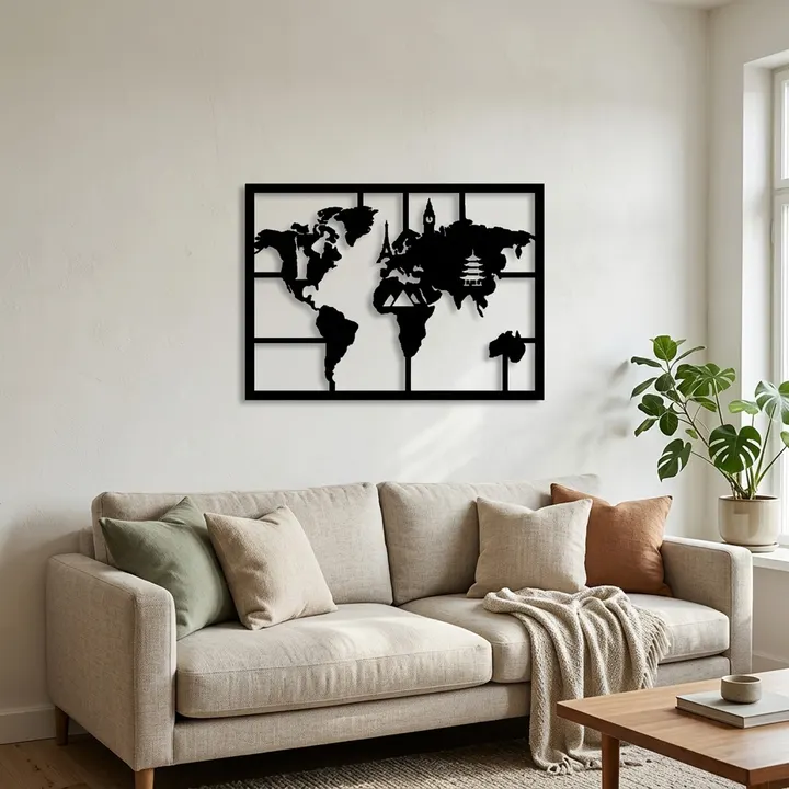 World map steel wall art above a desk